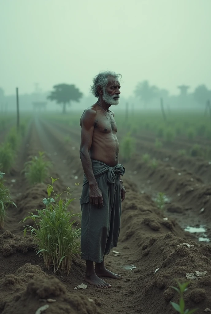 Landscape photo of Bangladeshi farmer in crisis after flood situation, sad, big crop field ruined