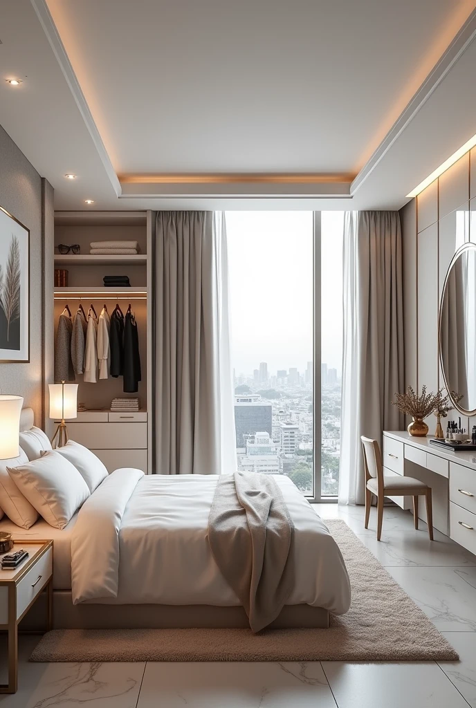 Chambre luxueuse appartement vue sur los angeles couleur blanche lit king size grand dressing remplis de vêtements coiffeuse avec grand mirroir et maquillage poser desssus brosse et pinceaux de maquillage dans un pot