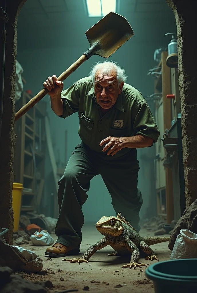 A frightened old janitor is trying to kill a small iguana with a shovel