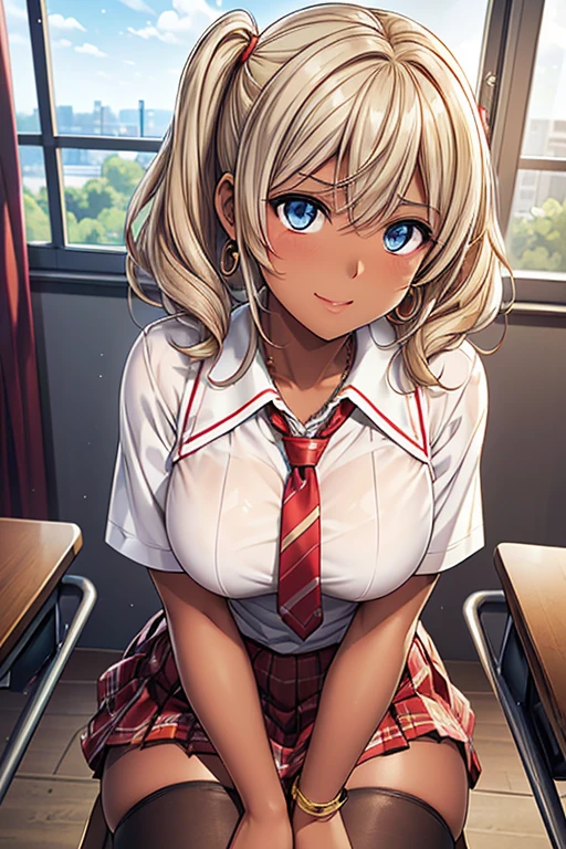 #Basics Girl posing for a photo, animeのcute少女, ((One Girl)), (((Baby Face:1.7)) + ((cute:1.5)) + (())),
break
#Clothing Accessories
((school uniform) : (Red tie) + (White dress shirt) + (Red and white plaid pleated skirt:1.2)), ((Black knee-high stockings:1.2)), (Brown Loafers),
((Fancy Gold Bracelet) + (Gold Hoop Earrings) + (Gold ear cuffs) + (Silver embellished necklace)),
break
#Features
((blonde)), ((胸元まで届くCurly Hairのサイドヘア)), ((High Twintails) : short hair + Full hair + Voluminous Hair + Curly Hair + Messy Hair + Tied with a red string ribbon),
((Droopy eyes:1.4), (Big eyes:1.4)), (blue eyes),
((Big Ass), (Big thighs)),
(Tanned dark skin:1.4),
break
#background environment
((noon + You can see the ground + (Steel-reinforced concrete) + School classroom:1.2, (blue sky))),
#Facial Expression Pose
((Wicked Smile)), ((Sit in a chair by the window, Place your hands between your legs)),
#composition
((Angle from the front:1.2, head shot:1.5)),
break
#Body parts elements
(Slim figure),
(Symmetrical facial features),
(Detailed Hair, Beautiful Hair, Shiny Hair),
(double eyelid, Long eyelashes, Thin eyebrows:0.5),
(Expression of fine eyes, Beautiful and delicate eyes, Sparkling eyes, Eye Reflexes, Glitter Eyeliner),
(Human Ear),
(Beautiful Nose, Thin Nose),
(Glossy Lips, Beautiful Lips, Thick lips),
(Detailed skin, Textured skin, Beautiful Skin, Oily skin),
break
#quality
(((最高quality)), ((masterpiece:1.3)), ((Very detailed))), ((Ultra-high resolution)), ((16K)), ((1080P)), ((Full HD)),
((Anatomically correct)), ((Realistic)), (3DCG), ((oil)),
((comics, anime)), (CG illustration), (RAW Photos),