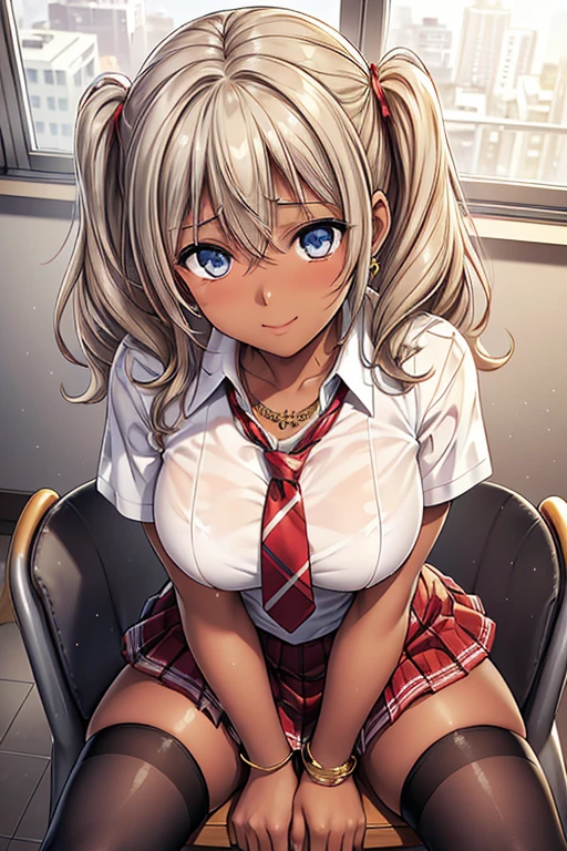 #Basics Girl posing for a photo, animeのcute少女, ((One Girl)), (((Baby Face:1.7)) + ((cute:1.5)) + (())),
break
#Clothing Accessories
((school uniform) : (Red tie) + (White dress shirt) + (Red and white plaid pleated skirt:1.2)), ((Black knee-high stockings:1.2)), (Brown Loafers),
((Fancy Gold Bracelet) + (Gold Hoop Earrings) + (Gold ear cuffs) + (Silver embellished necklace)),
break
#Features
((blonde)), ((胸元まで届くCurly Hairのサイドヘア)), ((High Twintails) : short hair + Full hair + Voluminous Hair + Curly Hair + Messy Hair + Tied with a red string ribbon),
((Droopy eyes:1.4), (Big eyes:1.4)), (blue eyes),
((Big Ass), (Big thighs)),
(Tanned dark skin:1.4),
break
#background environment
((noon + You can see the ground + (Steel-reinforced concrete) + School classroom:1.2, (blue sky))),
#Facial Expression Pose
((Wicked Smile)), ((Sit in a chair by the window, Place your hands between your legs)),
#composition
((Angle from the front:1.2, head shot:1.5)),
break
#Body parts elements
(Slim figure),
(Symmetrical facial features),
(Detailed Hair, Beautiful Hair, Shiny Hair),
(double eyelid, Long eyelashes, Thin eyebrows:0.5),
(Expression of fine eyes, Beautiful and delicate eyes, Sparkling eyes, Eye Reflexes, Glitter Eyeliner),
(Human Ear),
(Beautiful Nose, Thin Nose),
(Glossy Lips, Beautiful Lips, Thick lips),
(Detailed skin, Textured skin, Beautiful Skin, Oily skin),
break
#quality
(((最高quality)), ((masterpiece:1.3)), ((Very detailed))), ((Ultra-high resolution)), ((16K)), ((1080P)), ((Full HD)),
((Anatomically correct)), ((Realistic)), (3DCG), ((oil)),
((comics, anime)), (CG illustration), (RAW Photos),