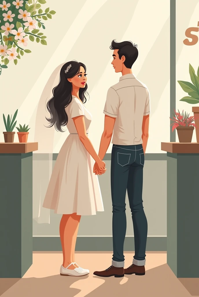 um casal, Tall and thin man, average height and fat woman, getting married at the registry office, no guest, casual clothes.