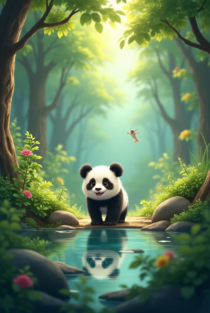 A dense forest where the birds are chirping, the leaves of the trees are gently swaying in the breeze. In the middle of the forest is a small pond, near which a little panda, Popo, is playing.