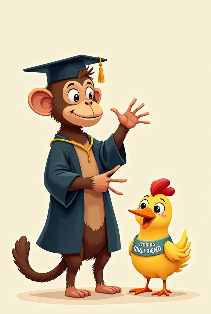 graduated monkey next to a little chicken with a band in the body that says proud girlfriend