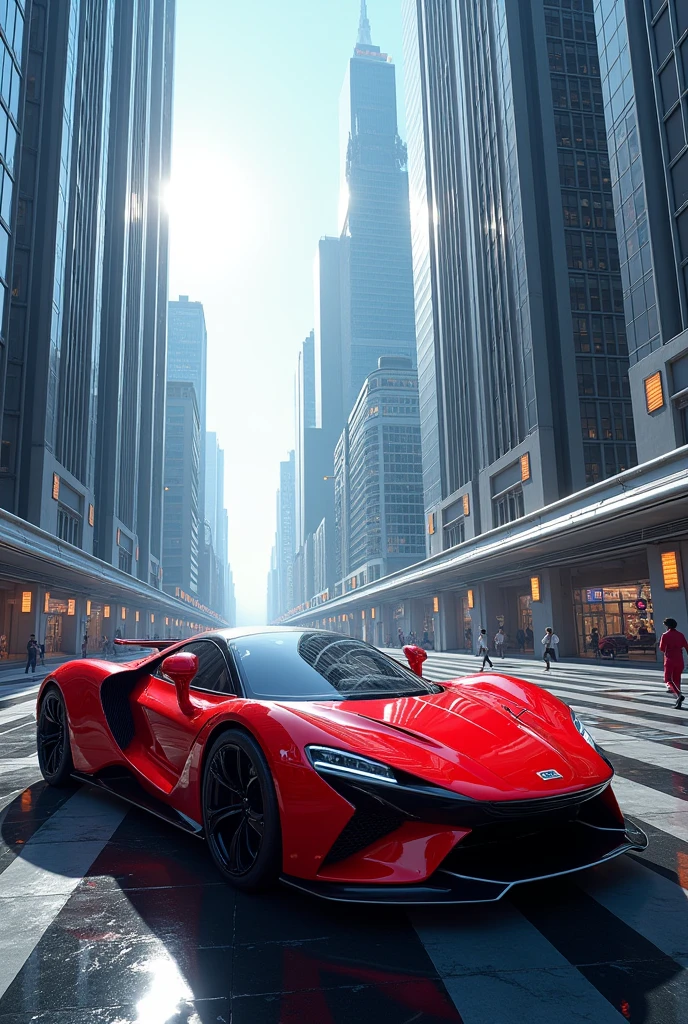 A red color car with skyscraper