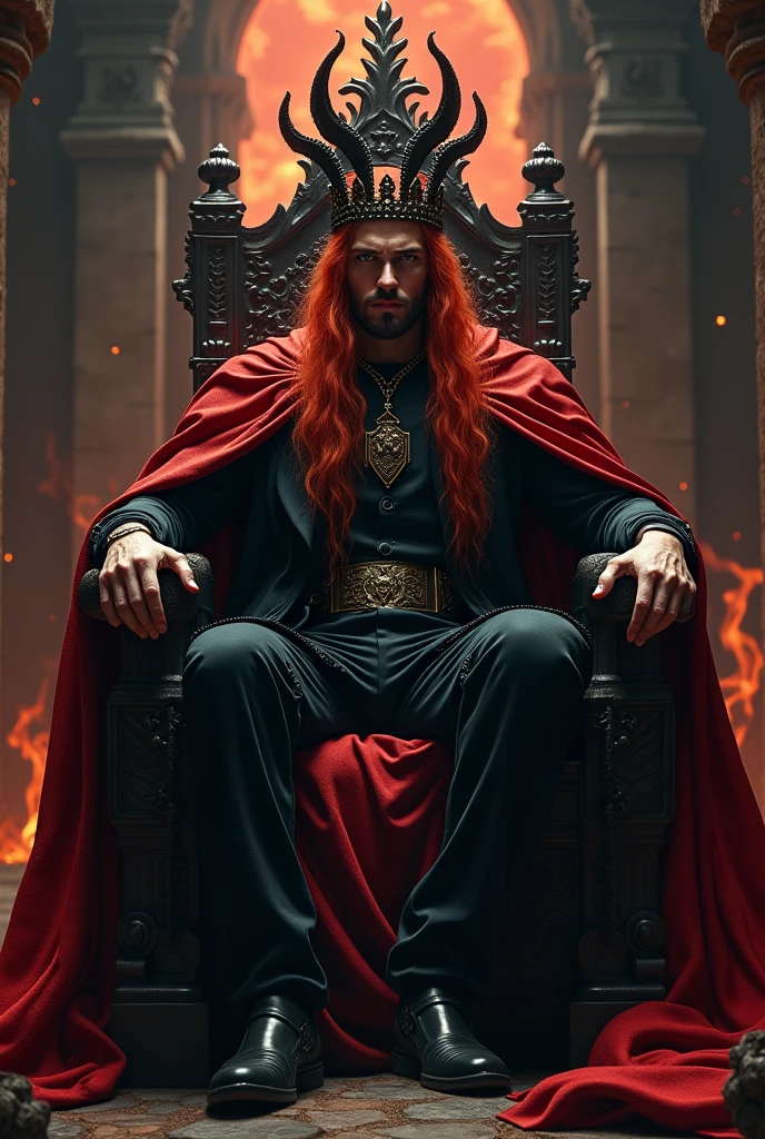 Create a handsome king of hell with long red hair sitting on his throne with crown 