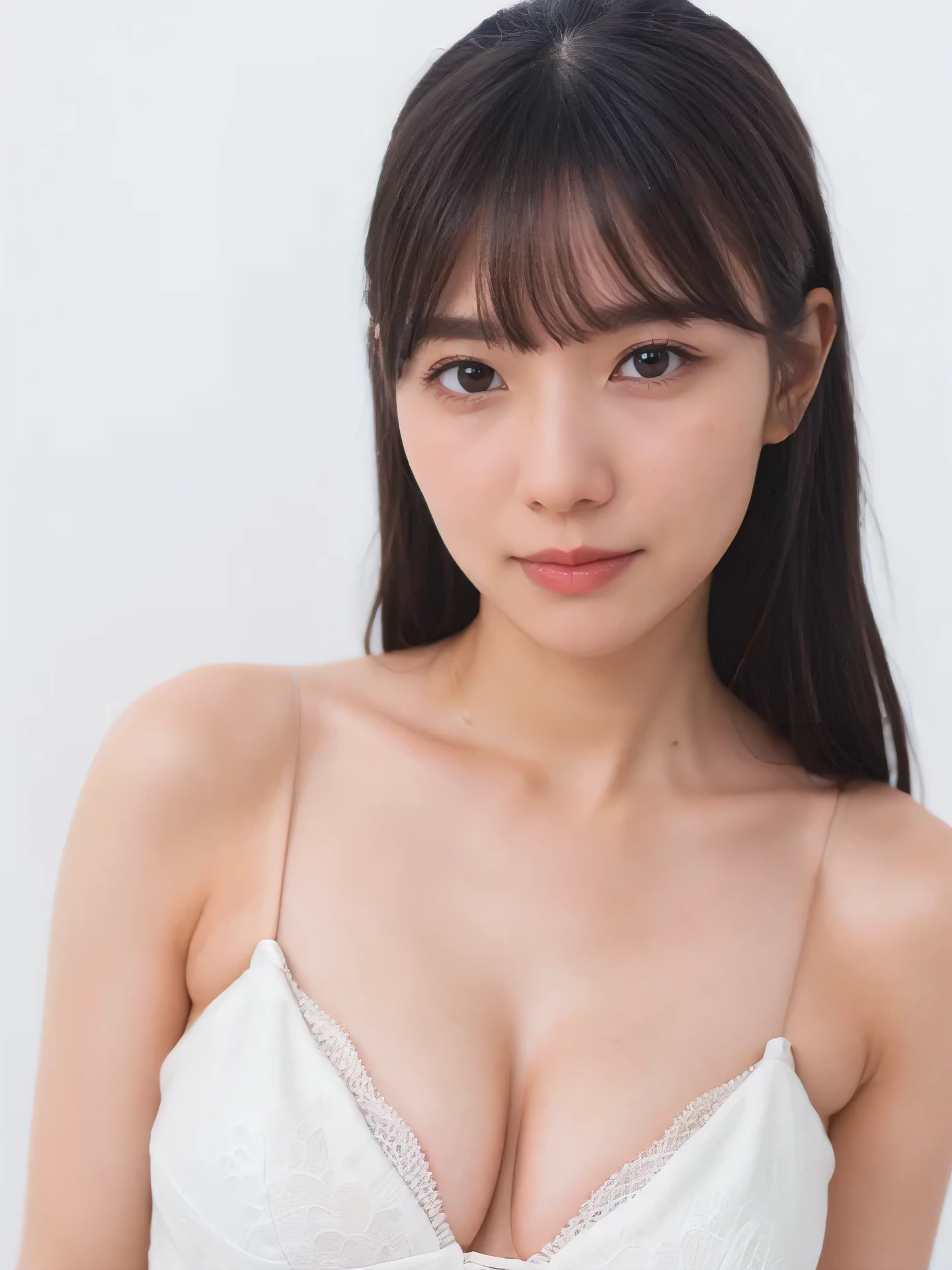 1girl, 25years old woman, cute face, Small breasts, medium breasts, large breasts, beautiful face, (perfectly detailed face), ((looking at viewer)), Simple Background, ((white background)), ((white wallpaper)), White skin, (bright lighting:1.2), perfect lighting, photorealistic, (bokeh), UHD, anatomically correct, highres
