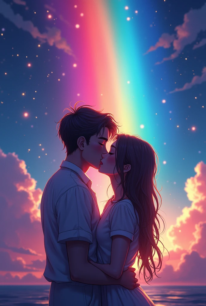 Ultra HD picture with me and my girlfriend laying my shoulder background rainbow in night animation