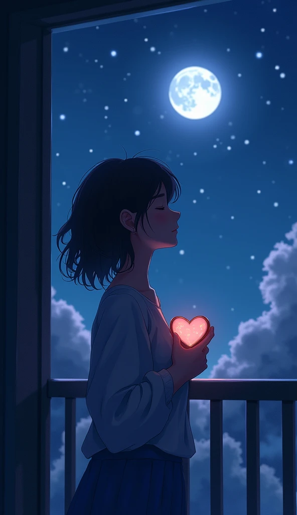 Illustrate a romantic and dreamy scene where a person is holding a heart-shaped object or a locket close to their chest, standing on a balcony under the moonlight. The person’s eyes are closed, lost in thoughts of their loved one, with a serene smile on their face. The moon and stars in the background add to the dreamy atmosphere.