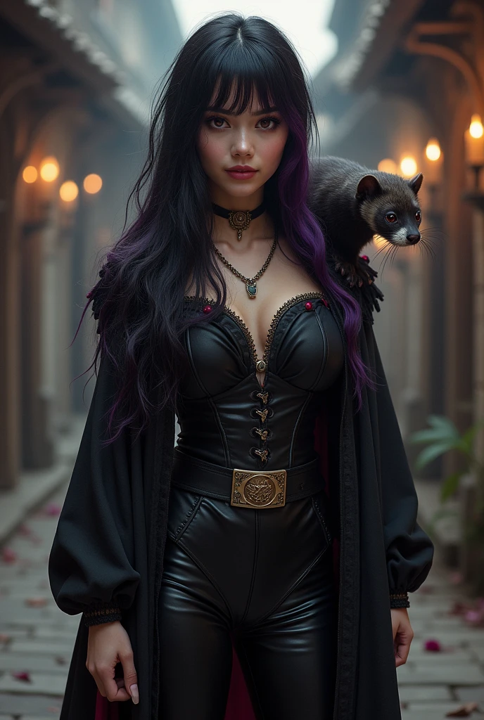 twenty year old woman,long black wavy hair,purple fringe,Eyes red,black leagwear,with a black-coated ferret,brown eyes on the neck,medieval times.