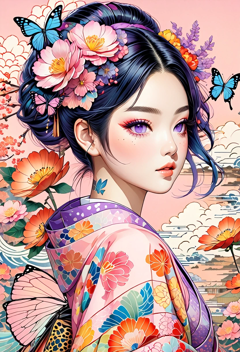 A mesmerizing surreal illustration of a young japanese woman resembling Shinobu Kouchou. She has black hair, purple eyes, a butterfly hair ornament, and wears a vibrant pastel colored outfit adorned with intricate floral patterns. Freckles dot her smooth, warm complexion, and bold, colorful tattoos cover her arms and legs. The tattoos feature traditional Japanese motifs like flowers and mythical creatures, rendered with meticulous detail in a pastel color palette. The background is a vintage floral-patterned wallpaper that complements the artwork's colors. The line work is precise, with delicate shading that gives the illustration a 3D quality. The artwork fuses modern illustration techniques with traditional Japanese aesthetics, resulting in a visually striking, portrait,
