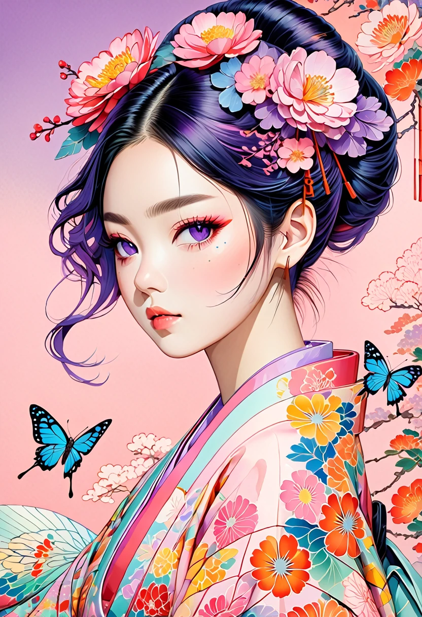 A mesmerizing surreal illustration of a young japanese woman resembling Shinobu Kouchou. She has black hair, purple eyes, a butterfly hair ornament, and wears a vibrant pastel colored outfit adorned with intricate floral patterns. Freckles dot her smooth, warm complexion, and bold, colorful tattoos cover her arms and legs. The tattoos feature traditional Japanese motifs like flowers and mythical creatures, rendered with meticulous detail in a pastel color palette. The background is a vintage floral-patterned wallpaper that complements the artwork's colors. The line work is precise, with delicate shading that gives the illustration a 3D quality. The artwork fuses modern illustration techniques with traditional Japanese aesthetics, resulting in a visually striking, portrait,
