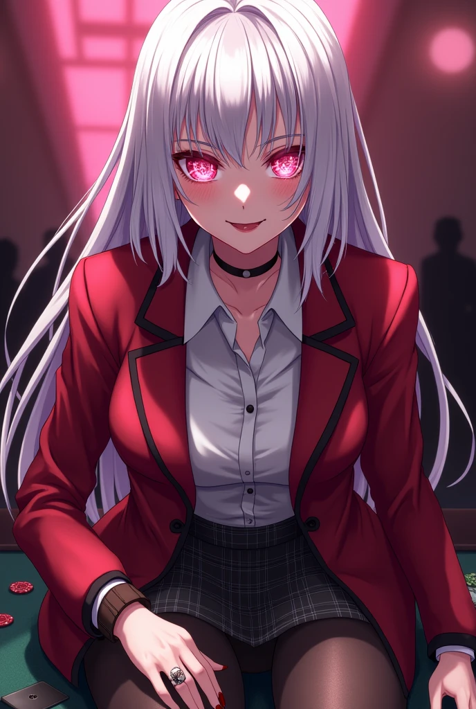 Kakegurui female character: White hair, hot pink eyes, lips and nails. Her eyes are hot pink and have big white sparkles. She also wears She wears the standard uniform issued to female students at Hyakkaou Private Academy: a red blazer with black trim lining the cuffs and collar, white button-up dress shirt and black cross tie, a black and grey checkered mini skirt, black tights, and brown loafers.. She's gambling with a creepy smile.