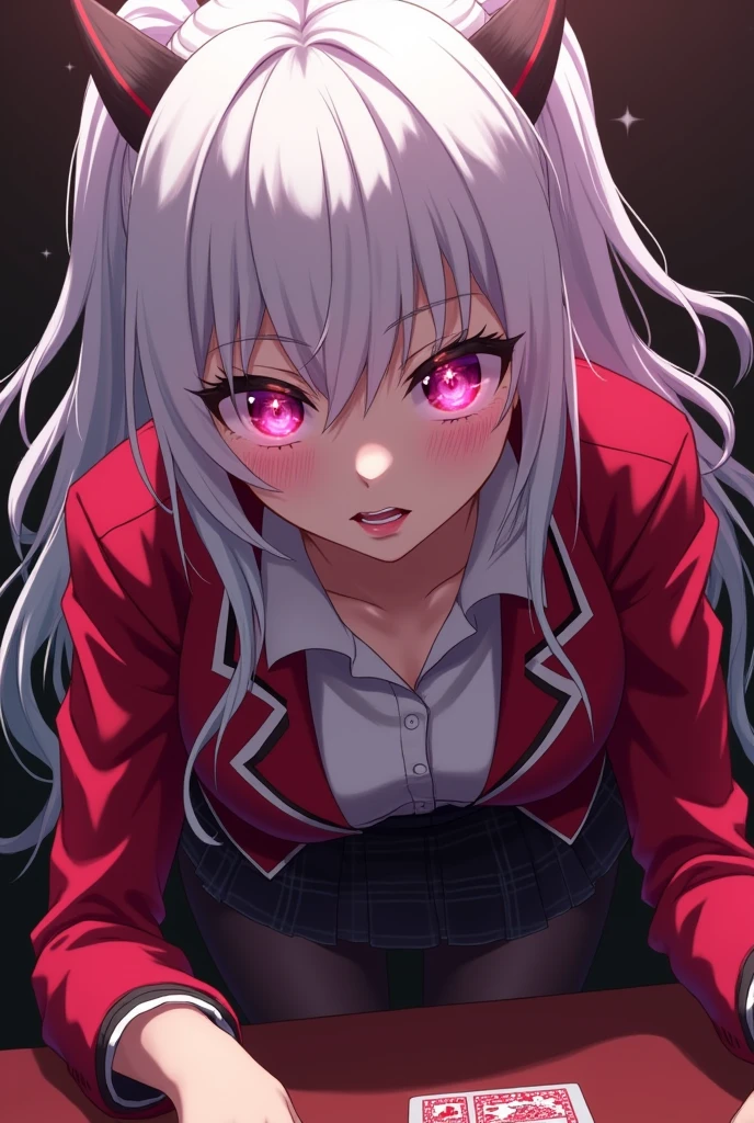 Kakegurui female character: White hair, hot pink eyes, lips and nails. Her eyes are hot pink and have big white sparkles. She also wears She wears the standard uniform issued to female students at Hyakkaou Private Academy: a red blazer with black trim lining the cuffs and collar, white button-up dress shirt and black cross tie, a black and grey checkered mini skirt, black tights, and brown loafers.. She's gambling with a creepy smile.