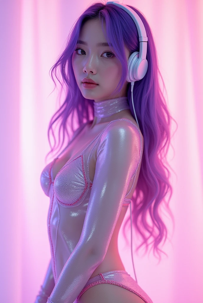 Korean purple hair butterfly woman with headphone and transparent shiny outfit purple and pink color pink background pink background full body model pose
