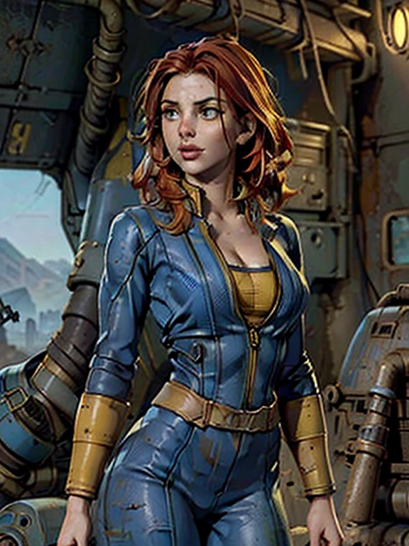 a girl in a fallout vault wearing a dark blue and yellow Fallout vault jumpsuit, pip-boy 3000, long red hair, round breasts, cleavage visible, post-apocalyptic, nuclear wasteland, desolate, ruined city, dramatic lighting, cinematic, photorealistic, 8k, hyper detailed, masterpiece, beautiful detailed face, beautiful detailed eyes, beautiful detailed lips, beautiful detailed nose,