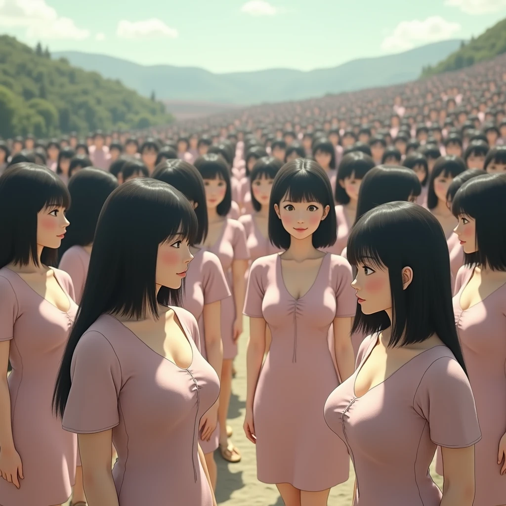(((((Japanese Clone girls=Myself)))))), (((Best Super High quality Myself Clone girls Raw Photography Art))), (16K, Highest quality, Ultra-high resolution, RAW Photos), (((It&#39;s so unrealistic., With unparalleled depiction, With an unfathomable sight, An unprecedented and shocking worldview, Clone girls in a world of mass reproduction, Ultra-realistic))), (((Japanese, woman, 20yo, Saito-Asuka))), (Small face, ((Thick black hair, Semi-long hair))), ((V-neck short-sleeve dress)), (((((Very detailed美しい女体, Accurate body structure, Very detailed完璧な, Super busty body with very large breasts, Clearly emphasizes cleavage))))), (((Dark Eyes, Mature face, Cute Smile, A gentle gaze))), (((Her happy and smiling expression is so cute))), ((((((((Very detailed分身増殖描写, ((1girl→Myself cloning→1,000,000,000,000,000,000,000,000,000,000,000,000,000,000,000,000,000,000,000,000Myself Clone girls)))))))))), ((((((((Very detailed, The precise depiction of the proliferation of Myself Clone girls, ((With the perfectly identical bodies of Myself clone girls, With the exact same face as the Myself clone girls, With the exact same hairstyle as the Myself clone girls, In the exact same clothes as the girls who are my clones, Perfectly the same height as the Myself clone girls, Super big breasts, just like the Myself clone girls)))))))))), (((Myself clone girls only))), (((Multiple pairs, Very detailed depiction, (Myself clone girls hug each other, Myself clone girls assemble, Fun conversations with fellow Myself clone girls, A fun conversation between Myself clone girls, Myself clone girls holding hands, Walking with lots of Myself clone girls)))), (((Everyone looks at the camera))), (((Unbelievably crowded, Transcendent Myself clone girls intimately, Countless Myself clone girls surround you in 360 degrees))), (Bright, soft sunlight), (((Very wide field of view, Very detailed, Detailed ultra-perspective depiction with clear depth, super wide top view))), (((((Where there is a curved slope))))), (((Very photographic and detailed depiction, Myself clone girls will multiply infinitely and fill the surroundings from one side to the horizon with their bodies tightly packed together without any gaps., A scene of endless Myself clone girls and a fun atmosphere))), (Focus on the average value of the image)