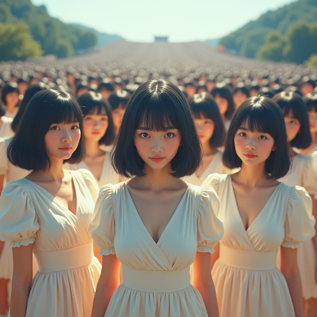 (((((Japanese Clone girls=Myself)))))), (((Best Super High quality Myself Clone girls Raw Photography Art))), (16K, Highest quality, Ultra-high resolution, RAW Photos), (((It's so unrealistic., With unparalleled depiction, With an unfathomable sight, An unprecedented and shocking worldview, Clone girls in a world of mass reproduction, Ultra-realistic))), (((Japanese, woman, 20yo, Saito-Asuka))), (Small face, ((Thick black hair, Semi-long hair))), ((V-neck short-sleeve dress)), (((((Very detailed美しい女体, Accurate body structure, Very detailed完璧な, Super busty body with very large breasts, Clearly emphasizes cleavage))))), (((Dark Eyes, Mature face, Cute Smile, A gentle gaze))), (((Her happy and smiling expression is so cute))), ((((((((Very detailed分身増殖描写, ((1girl→Myself cloning→1,000,000,000,000,000,000,000,000,000,000,000,000,000,000,000,000,000,000,000,000Myself Clone girls)))))))))), ((((((((Very detailed, The precise depiction of the proliferation of Myself Clone girls, ((With the perfectly identical bodies of Myself clone girls, With the exact same face as the Myself clone girls, With the exact same hairstyle as the Myself clone girls, In the exact same clothes as the girls who are my clones, Perfectly the same height as the Myself clone girls, Super big breasts, just like the Myself clone girls)))))))))), (((Myself clone girls only))), (((Multiple pairs, Very detailed depiction, (Myself clone girls hug each other, Myself clone girls assemble, Fun conversations with fellow Myself clone girls, A fun conversation between Myself clone girls, Myself clone girls holding hands, Walking with lots of Myself clone girls)))), (((Everyone looks at the camera))), (((Unbelievably crowded, Transcendent Myself clone girls intimately, Countless Myself clone girls surround you in 360 degrees))), (Bright, soft sunlight), (((Very wide field of view, Very detailed, Detailed ultra-perspective depiction with clear depth, super wide top view))), (((((Where there is a curved slope))))), (((Very photographic and detailed depiction, Myself clone girls will multiply infinitely and fill the surroundings from one side to the horizon with their bodies tightly packed together without any gaps., A scene of endless Myself clone girls and a fun atmosphere))), (Focus on the average value of the image)