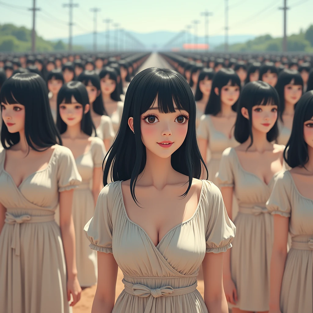 (((((Japanese Clone girls=Myself)))))), (((Best Super High quality Myself Clone girls Raw Photography Art))), (16K, Highest quality, Ultra-high resolution, RAW Photos), (((It's so unrealistic., With unparalleled depiction, With an unfathomable sight, An unprecedented and shocking worldview, Clone girls in a world of mass reproduction, Ultra-realistic))), (((Japanese, woman, 20yo, Saito-Asuka))), (Small face, ((Thick black hair, Semi-long hair))), ((V-neck short-sleeve dress)), (((((Very detailed美しい女体, Accurate body structure, Very detailed完璧な, Super busty body with very large breasts, Clearly emphasizes cleavage))))), (((Dark Eyes, Mature face, Cute Smile, A gentle gaze))), (((Her happy and smiling expression is so cute))), ((((((((Very detailed分身増殖描写, ((1girl→Myself cloning→1,000,000,000,000,000,000,000,000,000,000,000,000,000,000,000,000,000,000,000,000Myself Clone girls)))))))))), ((((((((Very detailed, The precise depiction of the proliferation of Myself Clone girls, ((With the perfectly identical bodies of Myself clone girls, With the exact same face as the Myself clone girls, With the exact same hairstyle as the Myself clone girls, In the exact same clothes as the girls who are my clones, Perfectly the same height as the Myself clone girls, Super big breasts, just like the Myself clone girls)))))))))), (((Myself clone girls only))), (((Multiple pairs, Very detailed depiction, (Myself clone girls hug each other, Myself clone girls assemble, Fun conversations with fellow Myself clone girls, A fun conversation between Myself clone girls, Myself clone girls holding hands, Walking with lots of Myself clone girls)))), (((Everyone looks at the camera))), (((Unbelievably crowded, Transcendent Myself clone girls intimately, Countless Myself clone girls surround you in 360 degrees))), (Bright, soft sunlight), (((Very wide field of view, Very detailed, Detailed ultra-perspective depiction with clear depth, super wide top view))), (((((Where there is a curved slope))))), (((Very photographic and detailed depiction, Myself clone girls will multiply infinitely and fill the surroundings from one side to the horizon with their bodies tightly packed together without any gaps., A scene of endless Myself clone girls and a fun atmosphere))), (Focus on the average value of the image)