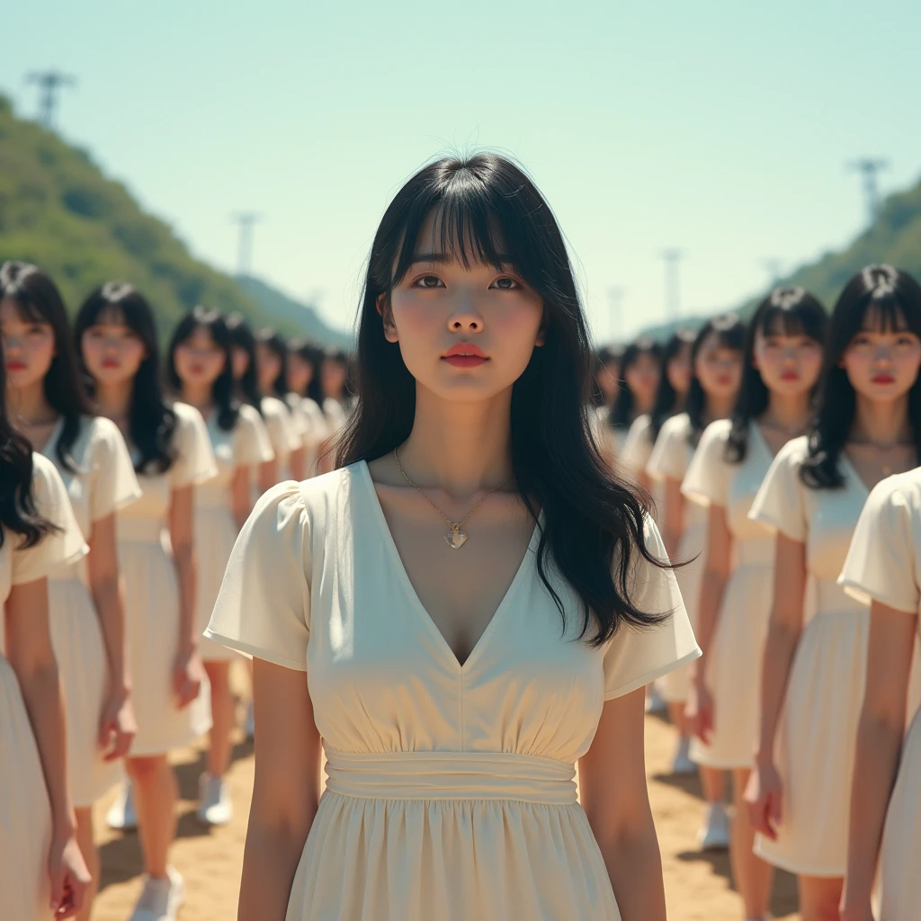 (((((Japanese Clone girls=Myself)))))), (((Best Super High quality Myself Clone girls Raw Photography Art))), (16K, Highest quality, Ultra-high resolution, RAW Photos), (((It's so unrealistic., With unparalleled depiction, With an unfathomable sight, An unprecedented and shocking worldview, Clone girls in a world of mass reproduction, Ultra-realistic))), (((Japanese, woman, 20yo, Saito-Asuka))), (Small face, ((Thick black hair, Semi-long hair))), ((V-neck short-sleeve dress)), (((((Very detailed美しい女体, Accurate body structure, Very detailed完璧な, Super busty body with very large breasts, Clearly emphasizes cleavage))))), (((Dark Eyes, Mature face, Cute Smile, A gentle gaze))), (((Her happy and smiling expression is so cute))), ((((((((Very detailed分身増殖描写, ((1girl→Myself cloning→1,000,000,000,000,000,000,000,000,000,000,000,000,000,000,000,000,000,000,000,000Myself Clone girls)))))))))), ((((((((Very detailed, The precise depiction of the proliferation of Myself Clone girls, ((With the perfectly identical bodies of Myself clone girls, With the exact same face as the Myself clone girls, With the exact same hairstyle as the Myself clone girls, In the exact same clothes as the girls who are my clones, Perfectly the same height as the Myself clone girls, Super big breasts, just like the Myself clone girls)))))))))), (((Myself clone girls only))), (((Multiple pairs, Very detailed depiction, (Myself clone girls hug each other, Myself clone girls assemble, Fun conversations with fellow Myself clone girls, A fun conversation between Myself clone girls, Myself clone girls holding hands, Walking with lots of Myself clone girls)))), (((Everyone looks at the camera))), (((Unbelievably crowded, Transcendent Myself clone girls intimately, Countless Myself clone girls surround you in 360 degrees))), (Bright, soft sunlight), (((Very wide field of view, Very detailed, Detailed ultra-perspective depiction with clear depth, super wide top view))), (((((Where there is a curved slope))))), (((Very photographic and detailed depiction, Myself clone girls will multiply infinitely and fill the surroundings from one side to the horizon with their bodies tightly packed together without any gaps., A scene of endless Myself clone girls and a fun atmosphere))), (Focus on the average value of the image)