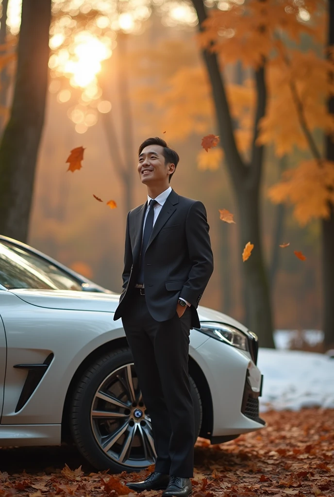 A young handsome but mature looking Japanese man wearing a suit, tie and shoes. Smiling while standing next to a white BMW 840i, The scene is an autumn forest, sunset, Leaves falling in the forest, The first snow of the year has accumulated on the ground.