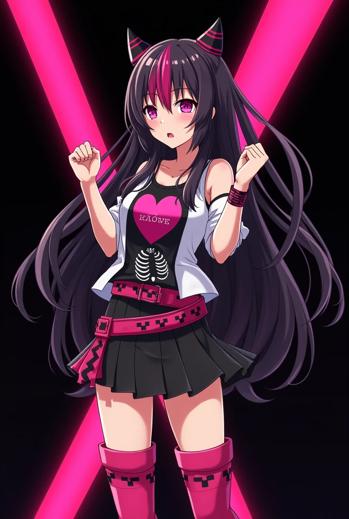 You can create an image of an anime scene character who wears black hair spread out to her hips and wears hot pink bangs that cover her eyes with black stripes on the bangs., Her skin is normal and she wears hot pink knee-high boots with a dove skirt., a hot pink belt with black and hot pink squares, a shirt with sleeves cut from the shoulders to the hands and a black shirt with a picture of ribs and a bright pink heart, her expression is scared and a black background with hot pink stripes