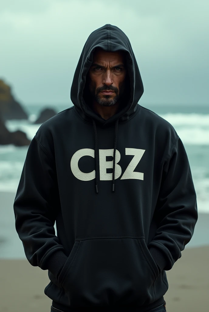 A gangster wearing CBZ hoody STANDING O on the beach