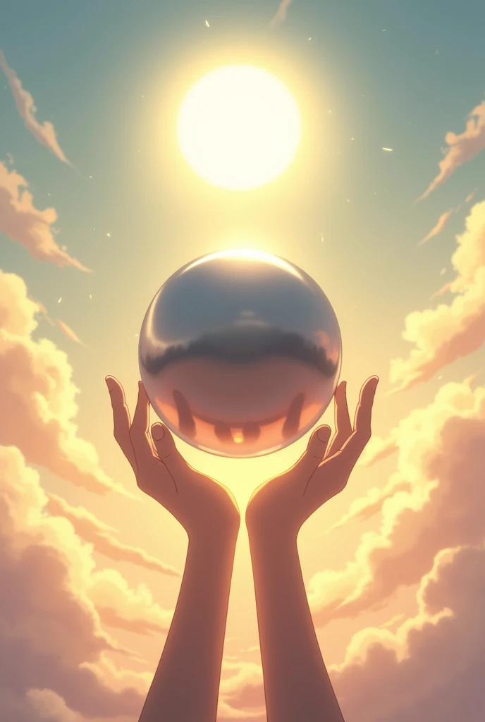 A metallic orb in the middle (It should not contain any reflection), (Two hands vertically under the orb). In the background a sky with clouds and sunny. anime