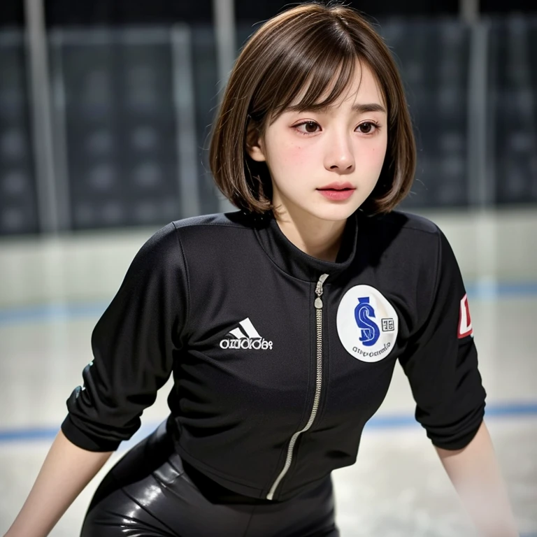 (kawaii 24 year-old Japanese girl, Nogizaka idol, Korean idol, speed skater), healthy female athlete body, (glossy brown hair, short hair, pixie cut, bangs:1.3), (rounded face, beautiful black eyes, single eyelid, no makeup:1.2), (looking at away, empty eyes, sigh:1.4), (wearing black track jacket, sports leggins:1.3), perfect shaped extra small breasts, BREAK, (ice ?????? stadium background:1.2), (dynamic angle, bust shot:1.3), BREAK, (masterpiece, best quality, photo realistic, official art:1.4), (UHD, 8K quality wallpaper, high resolution, raw photo, golden ratio:1.3), (shiny skin), professional lighting, physically based rendering, award winning, (highly detailed skin, extremely detailed face and eyes), Carl Zeiss 85 mm F/1.4, depth of field, 1girl, solo,