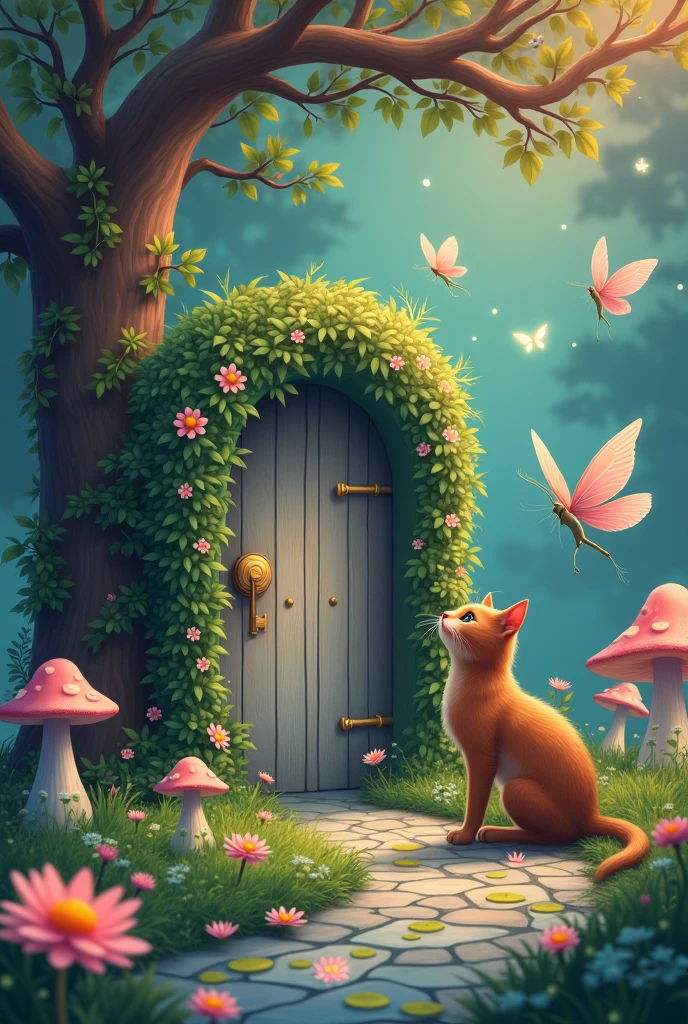 **Enchanted Garden with a Curious the door under the tree :**
"In a serene, enchanted garden, a curious the door under the tree with sleek fur holds a silver key in its mouth. The is approaching a small, ornate gate covered in blooming vines and flowers. The gate opens to reveal a hidden world of giant mushrooms, glowing butterflies, and a shimmering pond with lilies. A mischievous fairy hovers nearby, watching the cat with a twinkle in her eye. The scene is whimsical, full of soft pastel colors, and exudes an air of mystery and magic."