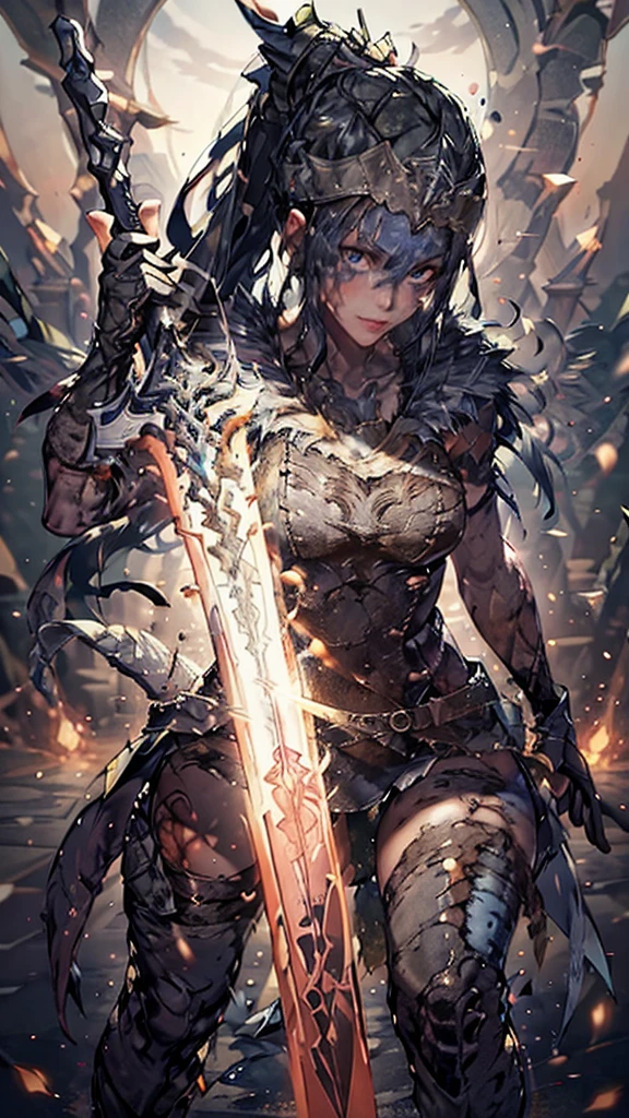 Senua from hellblade, 1girl, holding glowing sword, sword fighting poses, wide angle, damaged leather clothing, thigh cutout, forehead and eyes painted dark blue, determined expression, 16k, best quality, detailed face, beautiful blue eyes, best hands, perfect hands, unreal engine rendering style, award winning digital art, darkly atmospheric lighting 