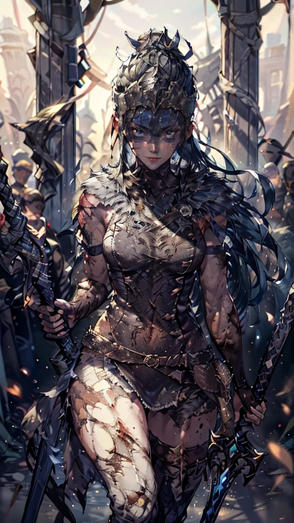 Senua from hellblade, 1girl, holding glowing sword, sword fighting poses, wide angle, damaged leather clothing, thigh cutout, forehead and eyes painted dark blue, determined expression, 16k, best quality, detailed face, beautiful blue eyes, best hands, perfect hands, unreal engine rendering style, award winning digital art, darkly atmospheric lighting 