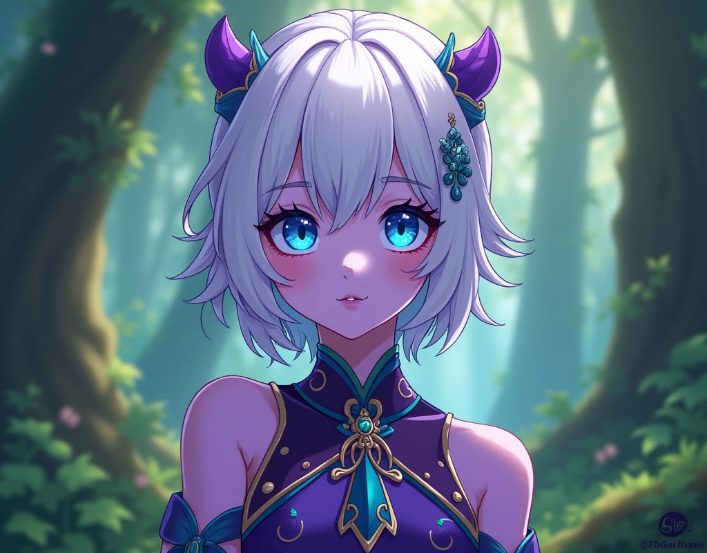 a character with anime features with purple skin, cyan eyes, short white hair pulled to lilac, around your right eye there is a mark of a lighter color than your skin, it should measure 2cm by 2cm, friendly face, forest druid clothes
