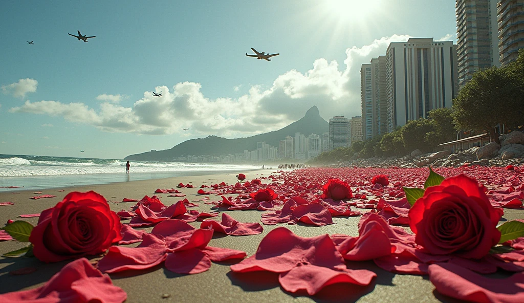 1945; (masterpiece, best quality) destroyed Copacabana Beach roses on the floor;  war planes flying over the city