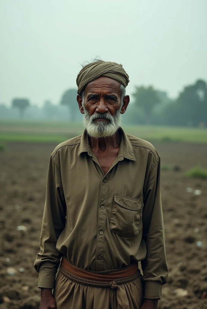 Landscape photo of Bangladeshi Muslim 
farmer in crisis after flood situation, sad, big crop field ruined