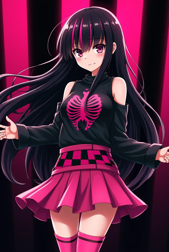 You can create an image of an anime scene character who wears black hair spread out to her hips and wears hot pink bangs that cover her eyes with black stripes on the bangs., Her skin is normal and she wears hot pink knee-high boots with a dove skirt., a hot pink belt with black and hot pink squares, a shirt with sleeves cut from the shoulders to the hands and a black shirt with a picture of ribs and a bright pink heart, her expression is scared and a black background with hot pink stripes