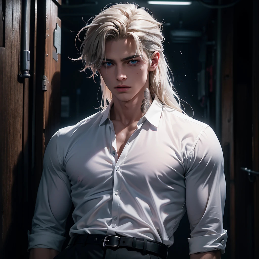 Create an attractive boy with a long hair style that falls waves and is messy, Her hair is silver blonde, He has bright blue eyes with a penetrating gaze, with a small mole under his lip, Your facial expression should convey a sad personality..
with high, broad shoulders that accentuate her slim body with many tattoos on her arms and large breasts. His skin has a pale color., adding an ethereal and mysterious quality to your overall appearance. The character radiates a quiet Courage, suggesting strength beneath the melancholic exterior.
He is wearing a tight white shirt, with black formal pants and a black belt.
The background must be an abandoned alley, while smoke comes out of his mouth, with a cigarette in his left hand.
Feel free to play with composition and lighting to evoke a feeling of solitude., Courage, and introspection in this captivating character, as long as it is the night environment.