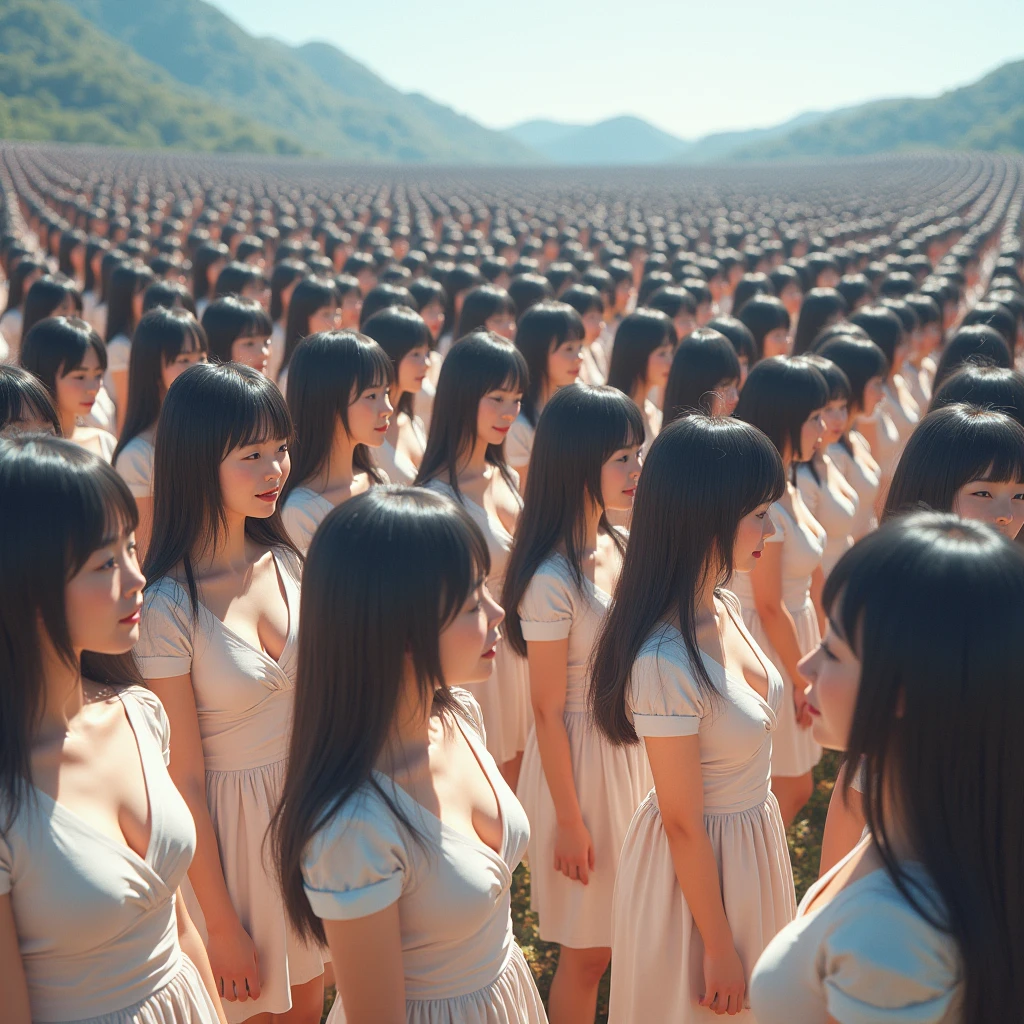 (((((Japanese Clone girls=Myself)))))), (((Best Super High quality Myself Clone girls Raw Photography Art))), (16K, Highest quality, Ultra-high resolution, RAW Photos), (((It's so unrealistic., With unparalleled depiction, With an unfathomable sight, An unprecedented and shocking worldview, Clone girls in a world of mass reproduction, Ultra-realistic))), (((Japanese, woman, 20yo, Saito-Asuka))), (Small face, ((Thick black hair, Semi-long hair))), ((V-neck short-sleeve dress)), (((((Very detailed美しい女体, Accurate body structure, Very detailed完璧な, Super busty body with very large breasts, Clearly emphasizes cleavage))))), (((Dark Eyes, Mature face, Cute Smile, A gentle gaze))), (((Her happy and smiling expression is so cute))), ((((((((Very detailed分身増殖描写, ((1girl→Myself cloning→1,000,000,000,000,000,000,000,000,000,000,000,000,000,000,000,000,000,000,000,000Myself Clone girls)))))))))), ((((((((Very detailed, The precise depiction of the proliferation of Myself Clone girls, ((With the perfectly identical bodies of Myself clone girls, With the exact same face as the Myself clone girls, With the exact same hairstyle as the Myself clone girls, In the exact same clothes as the girls who are my clones, Perfectly the same height as the Myself clone girls, Super big breasts, just like the Myself clone girls)))))))))), (((Myself clone girls only))), (((Multiple pairs, Very detailed depiction, (Myself clone girls hug each other, Myself clone girls assemble, Fun conversations with fellow Myself clone girls, A fun conversation between Myself clone girls, Myself clone girls holding hands, Walking with lots of Myself clone girls)))), (((Everyone looks at the camera))), (((Unbelievably crowded, Transcendent Myself clone girls intimately, Countless Myself clone girls surround you in 360 degrees))), (Bright, soft sunlight), (((Very wide field of view, Very detailed, Detailed ultra-perspective depiction with clear depth, super wide top view))), (((((Where there is a curved slope))))), (((Very photographic and detailed depiction, Myself clone girls will multiply infinitely and fill the surroundings from one side to the horizon with their bodies tightly packed together without any gaps., A scene of endless Myself clone girls and a fun atmosphere))), (Focus on the average value of the image)