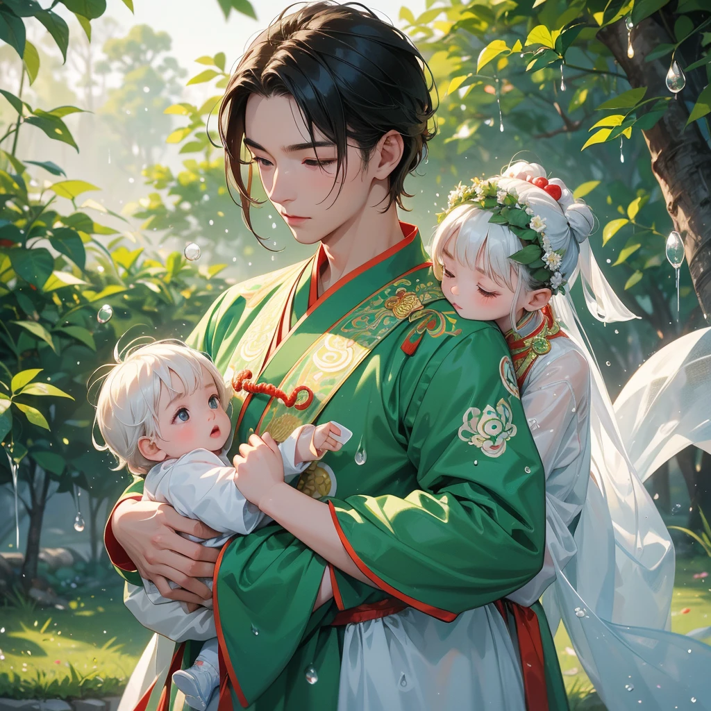 A one-year-old baby boy in an ancient Chinese baby costume with his beautiful mother, dressed in an white ancient Chinese costume, playing with each other, with his handsome father standing next to his mother, close up.
Background is trees, vegetables, lush green, with water drops after rain, with water droplets everywhere, green