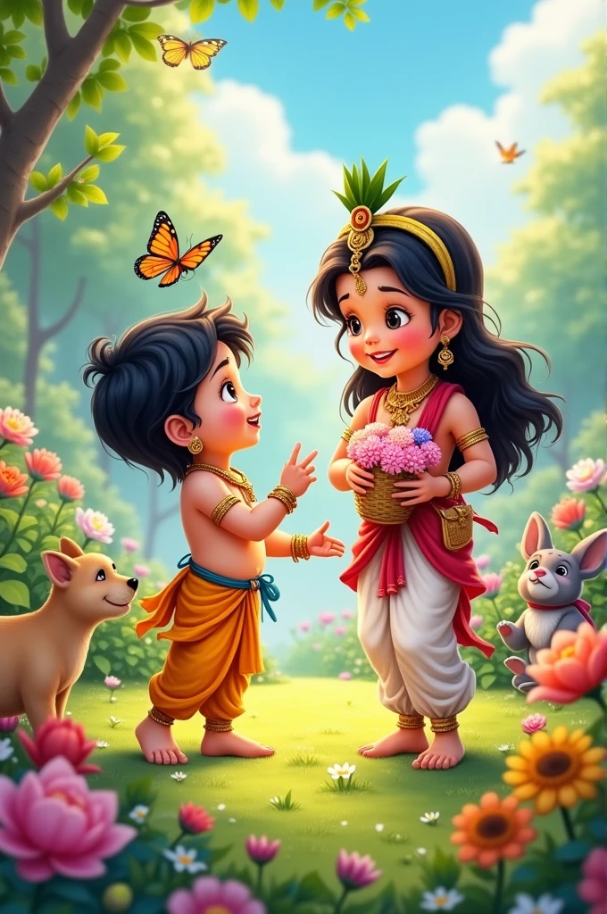 Create a charming anime-style image of little Krishna and Yashoda Mai playing in a vibrant garden. Krishna, with his playful expression, is chasing butterflies while Yashoda Mai, smiling warmly, watches him with a basket of flowers. The scene is full of colorful blooms and playful animals."