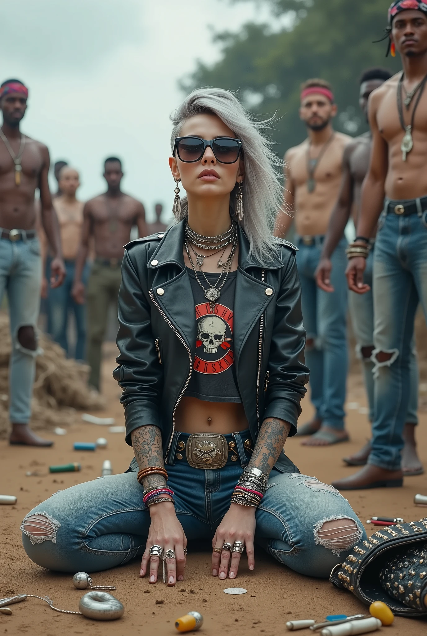 russian milf woman, grey hair (pouf, and top bun and shaved sides) and wide colourful bandana as headband, oversized square maxi sunglasses with very light blue eyes, extremely pale. Wearing aged black moto jacket with lots of zippers and pins, aged dark grey cropped t-shirt with guns and roses logo  , skinny blue jeans with holes in knees and dirty white tennis sneakers. Dirty knees and dusty hands. Lots of metallic bracelets, lots of boho pendants and lots of colourful beads collars. Tacky wide studded leather belt with oversized skull and bones buckle. Long bohemian earrings with colourful feathers. Kneeling like in a payer, chin up stretching her neck , humble facial expression. Hands on her knees, showing off bracelets and rings. studded black leather tote bag with chains on the floor, next to her..  Listening in amazement to somebody speaking to her, well toned abdominals, thin neck, slim legs and thin arms. Tattoed heavily on chest and hands.  Dirt street in Kenian village full of waste. A lot of tanned shirtless fat men in jeans around looking at her. next to her, all her belongings scattered on the floor: makeup kit, little makeup mirror, studded black leather tote bag, lipstick, wallet, moble etc on the floor