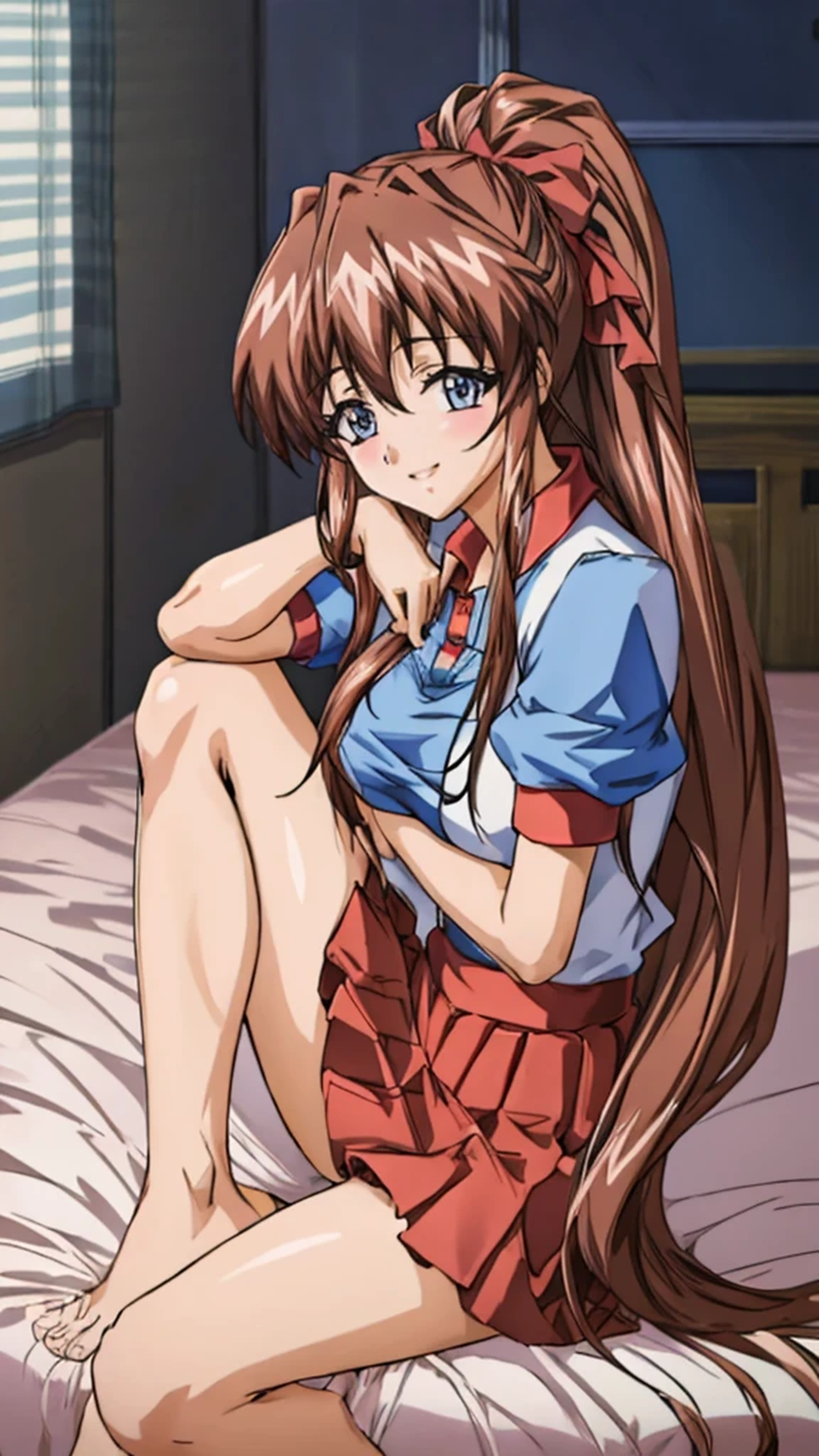(Anime artwork, Anime Style, Studio Anime, Very detailed, up to date,、 Vibrant, Anime Coloring Book, High Contrast, masterpiece:1.3, Highest quality, Best aesthetics), (Beautiful and detailed:1.2), Aoi Tennis, 1girl, Hair Ribbon, Tennis uniform, Polo shirt, Raglan sleeves, Pleated skirt, Red Skirt,(((knees to chest1.2,  on the bed:1.1), Cute Smile, reaching towards viewer:1.2,Two Arms)), (from side:1.1), No pants, pink panties,