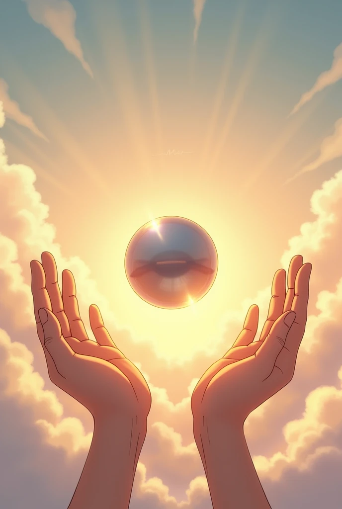A metallic orb in the middle (It should not contain any reflection), (Two hands vertically under the orb). In the background a sky with clouds and sunny. anime