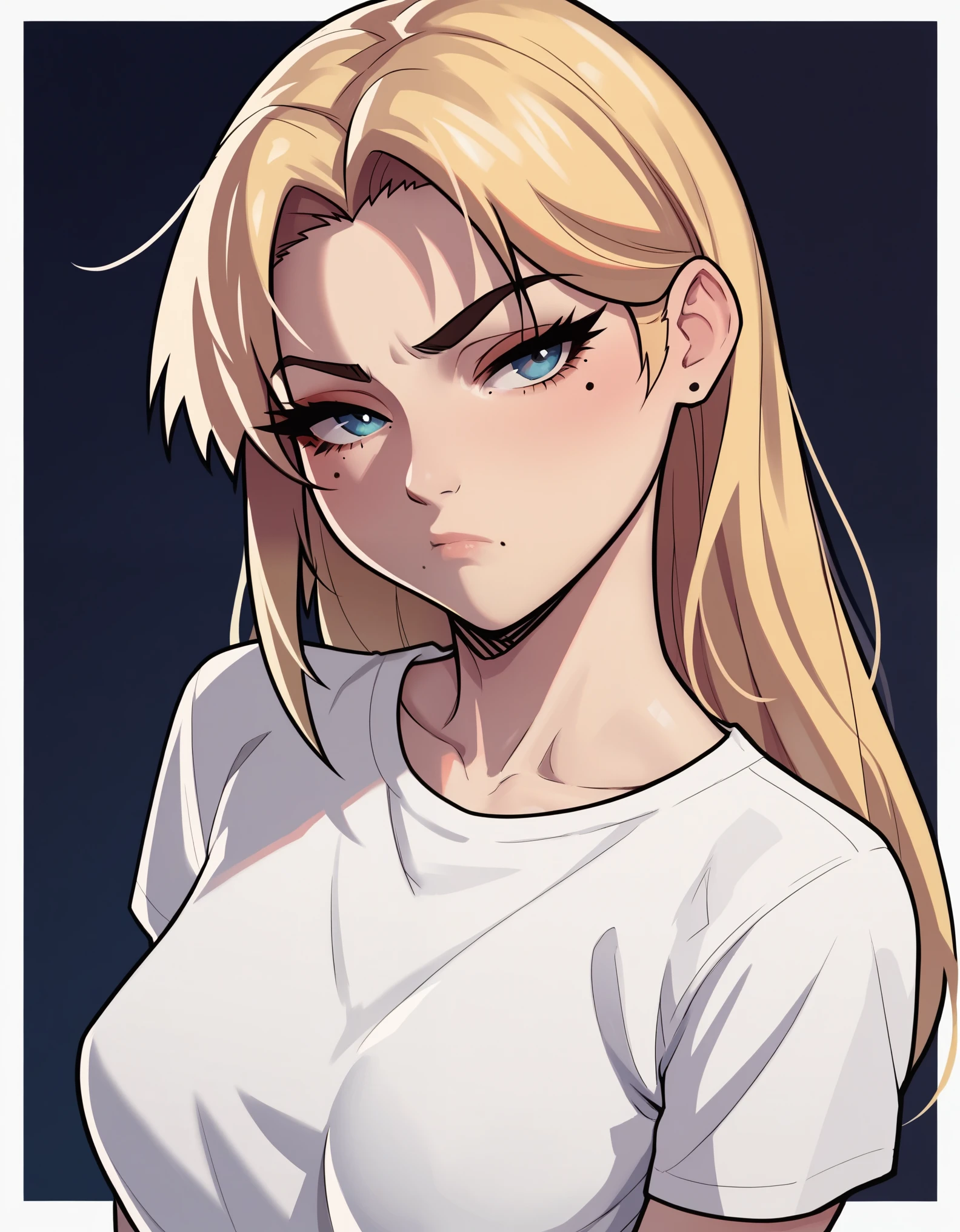 score_9, score_8_up, score_7_up, score_6_up, score_5_up, score_4_up, source_cartoon, rating_safe, by stopu4, 1girl, pale skin, beauty mark under one eye, pout, large eyelashes, white shirt, medium breasts, portrait, torso shot, long straight blonde hair,
