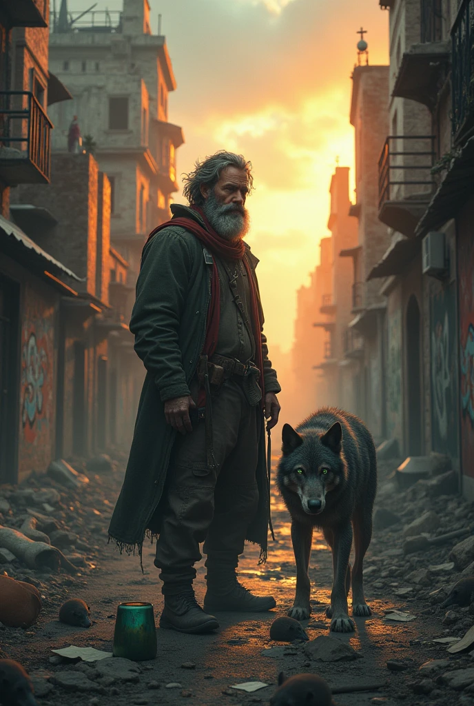 Bearded mountain man with green, kind eyes, expressing the sentiment of being a stranger in his own town, accompanied by a loyal gray wolf, exploring the war-torn ruins of an old city, evoking sadness and the end of civilization, sunset casting dramatic lighting on the burning buildings behind, rats scurrying around puddles, graffiti-adorned walls, broken bottles, and strewn papers, a solitary skull visible on the ground, 3D effect ultra-detailed intricate insanely full HD, golden ratio, volumetric modeling, spotlight embroidery, accents, intense gaze, digital painting cinematic film light, 