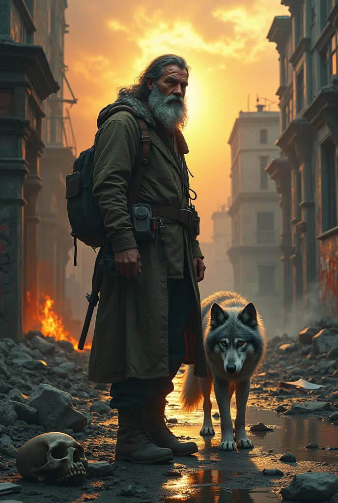 Bearded mountain man with green, kind eyes, expressing the sentiment of being a stranger in his own town, accompanied by a loyal gray wolf, exploring the war-torn ruins of an old city, evoking sadness and the end of civilization, sunset casting dramatic lighting on the burning buildings behind, rats scurrying around puddles, graffiti-adorned walls, broken bottles, and strewn papers, a solitary skull visible on the ground, 3D effect ultra-detailed intricate insanely full HD, golden ratio, volumetric modeling, spotlight embroidery, accents, intense gaze, digital painting cinematic film light, 
