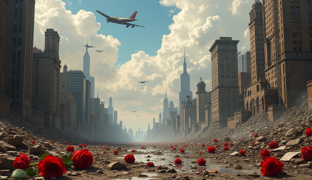 1945; (masterpiece, best quality) destroyed city (New York) roses on the floor; war planes flying over the city