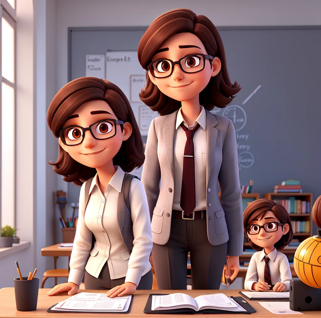 Teacher with dark brown hair that is not very long, glasses, 4 new images with the same character in different positions and scenarios, clothes without a tie, white shirt