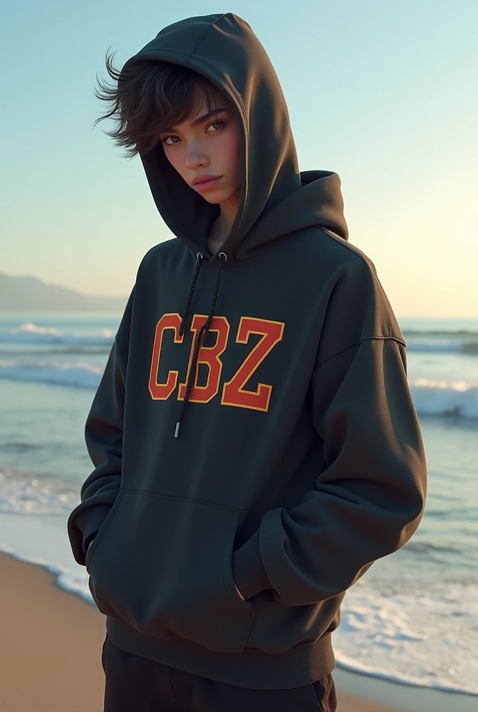 A young
gangster wearing CBZ hoody STANDING O on the beach