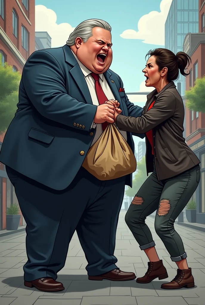 image of Doug Ford mayor of Toronto stealing food from a homeless woman. Toronto in the background. Doug Ford is obese. the homeless woman looks angry and is fighting to get her food back. she is pulling at the bag of groceries that Doug Ford is holding. Doug Ford has light grey-blonde hair that is slicked back and he is wearing a mayor suit. The homeless woman is wearing torn clothes and she looks dirty. The homeless woman is leaning back trying to pull her groceries away from Doug Ford.